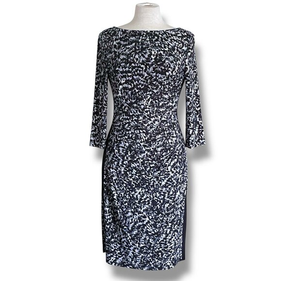 LAUREN Ralph Lauren Womens Dress Sz 8 Black Gray Stretch Jersey Ruched Sheath - Picture 1 of 8